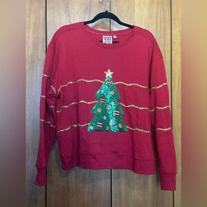 Kiss Red Crewneck Sweatshirt with Sequin Green Christmas Tree